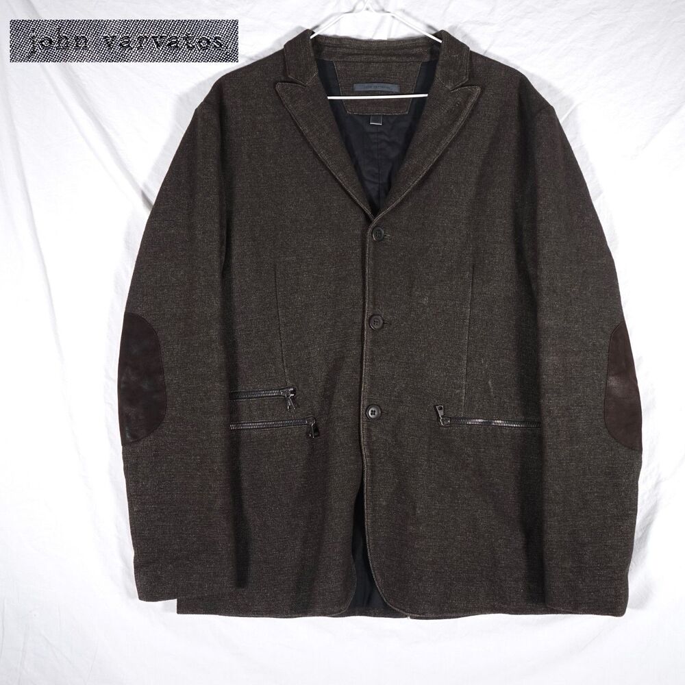 John Varvatos Wool Blazer Elbow Patch Brown 3 Button Zippers Size EU 50 US 40